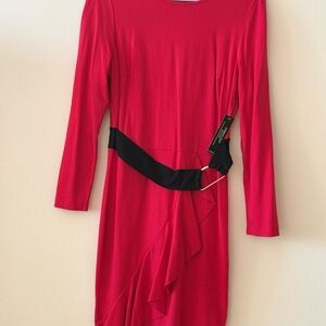 VENUS Vibrant Red Long Sleeve Dress with Black Belt